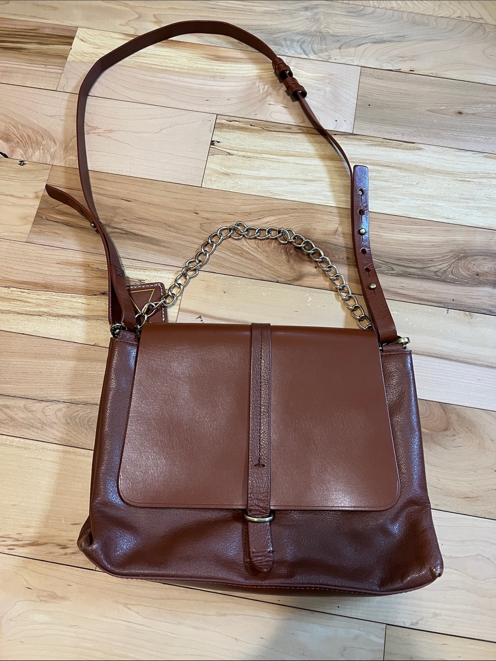 Kelsi Dagger Chestnut Brown Leather Shoulder Bag with Chain Accent